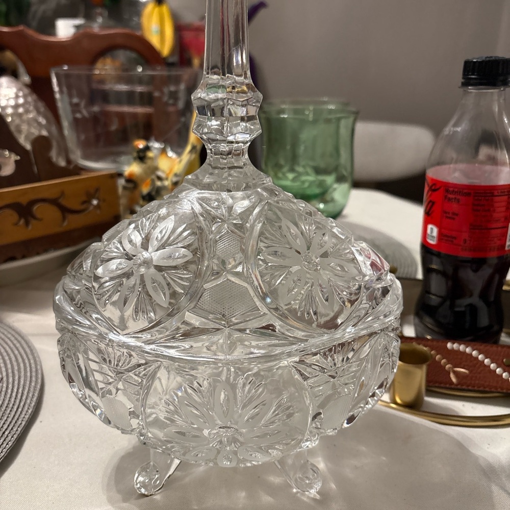 Crystal Glass Covered Candy Dish - Clear Decorative Serving Bowl